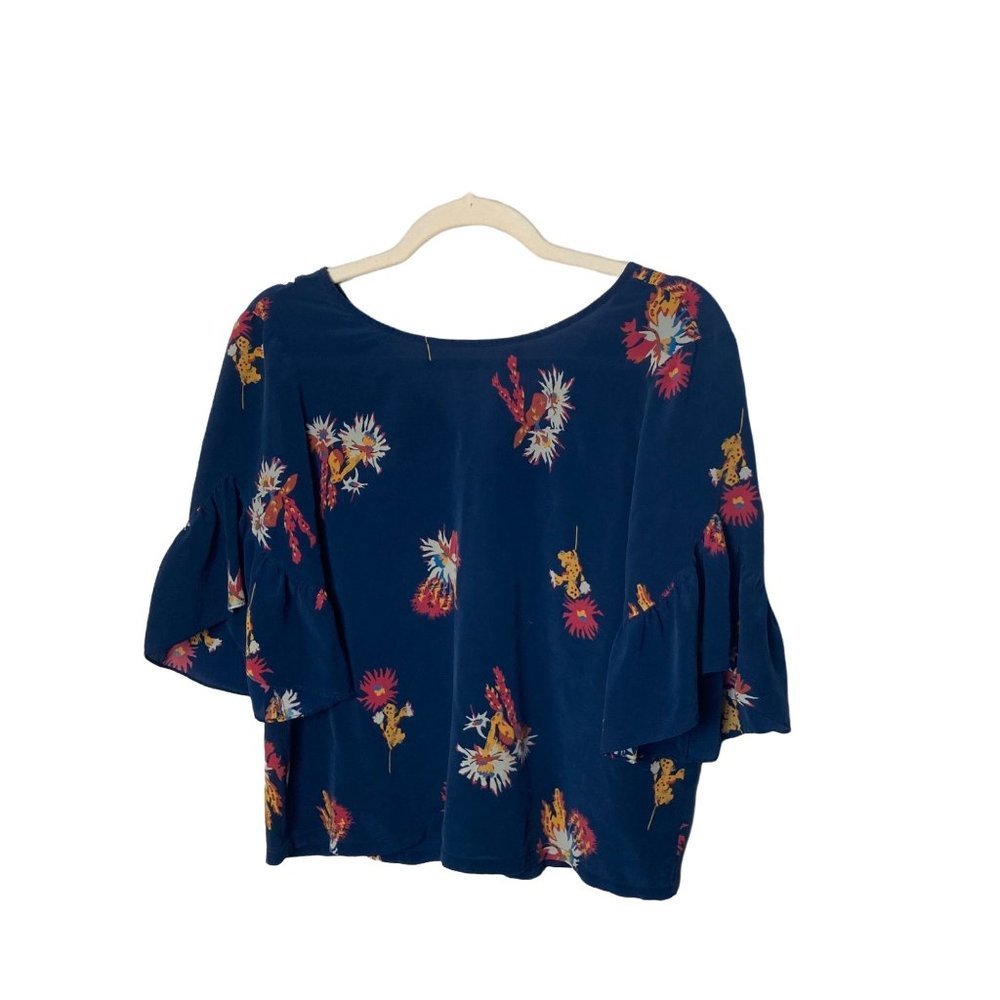 Madewell Women Size Small Blue Silk Ruffle Sleeve Cactus Flower Blouse